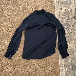 H&M Mock Neck Silk Navy Blue Office Shirt